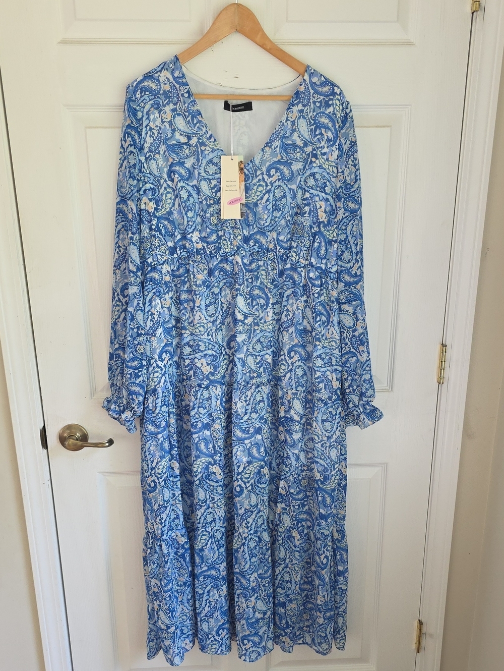 Blue Paisley Maxi Dress with V-Neck - Women's Long Sleeve Maxi